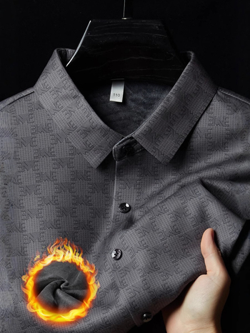 Ανδρικό πουκάμισο business casual με επένδυση φλίς, μείξη μαλλιού και μεταξιού μουριάς, μακριά μανίκια, φλοράλ εκτύπωση, χειμερινή