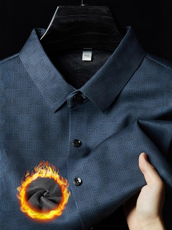 Ανδρικό πουκάμισο business casual με επένδυση φλίς, μείξη μαλλιού και μεταξιού μουριάς, μακριά μανίκια, φλοράλ εκτύπωση, χειμερινή