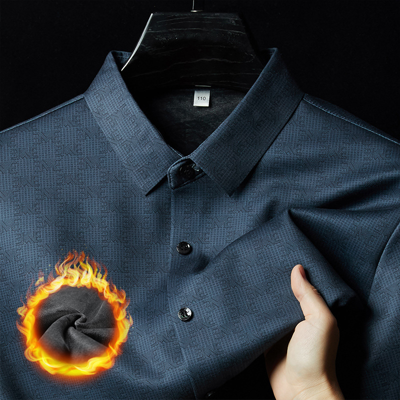 Ανδρικό πουκάμισο business casual με επένδυση φλίς, μείξη μαλλιού και μεταξιού μουριάς, μακριά μανίκια, φλοράλ εκτύπωση, χειμερινή