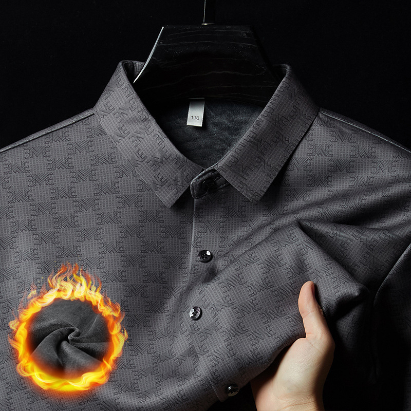 Ανδρικό πουκάμισο business casual με επένδυση φλίς, μείξη μαλλιού και μεταξιού μουριάς, μακριά μανίκια, φλοράλ εκτύπωση, χειμερινή