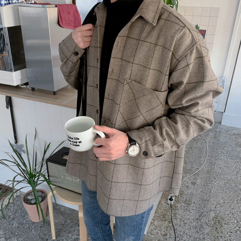 MYQ Χειμερινό καρό πουκάμισο από μαλλί για άνδρες, Κορεάτικου στυλ, χαλαρή γραμμή, μακριά μανίκια, ζεστό παλτό