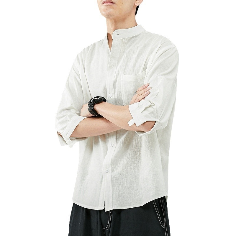 Ανδρικό πουκάμισο με ύφος λίνου, κοντό μανίκι, λευκό, φαρδιά γραμμή, κινεζικό στυλ, καλοκαιρινό casual τοπ