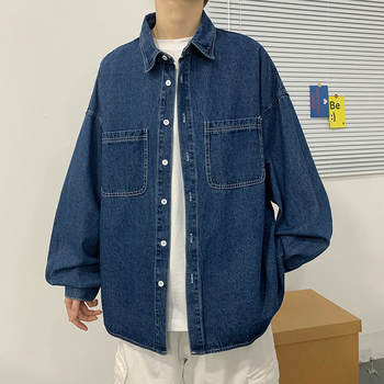 Ανδρικό denim πουκάμισο-σακάκι, Κορεατικό στυλ, μακρύ μανίκι, μπλε, casual για άνοιξη και φθινόπωρο