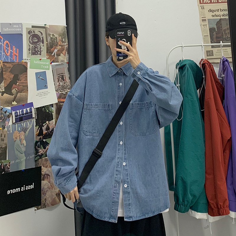 Ανδρικό denim πουκάμισο-σακάκι, Κορεατικό στυλ, μακρύ μανίκι, μπλε, casual για άνοιξη και φθινόπωρο