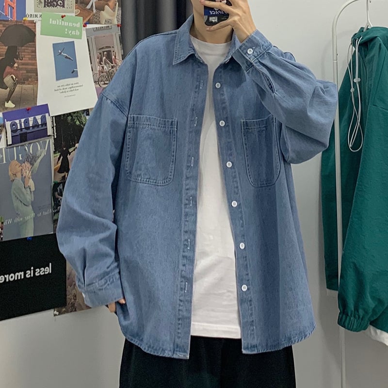 Ανδρικό denim πουκάμισο-σακάκι, Κορεατικό στυλ, μακρύ μανίκι, μπλε, casual για άνοιξη και φθινόπωρο