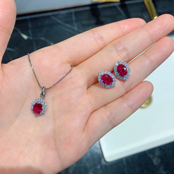 Zhuang Sheng Jewelry – Σετ γυναικείων κοσμημάτων: vintage δαχτυλίδι, κολιέ με μενταγιόν και σκουλαρίκια με κόκκινο κορούνδιο, επιχρυσωμένος χαλκός
