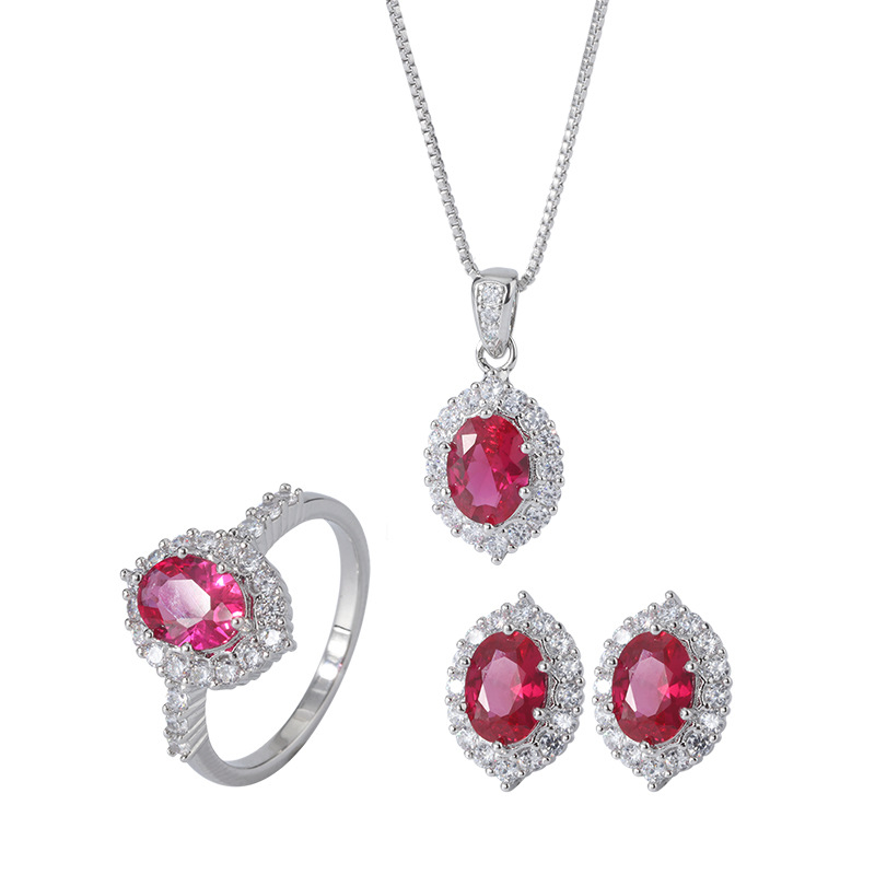 Zhuang Sheng Jewelry – Σετ γυναικείων κοσμημάτων: vintage δαχτυλίδι, κολιέ με μενταγιόν και σκουλαρίκια με κόκκινο κορούνδιο, επιχρυσωμένος χαλκός