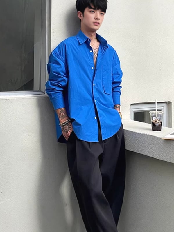 Klein blue αντρικό πουκάμισο από βαμβακο-λίννα με τσέπες, μακρύ μανίκι, γιλέκο-καρντάγκαν προστασίας από τον ήλιο, αμερικανικό ρετρό στυλ, ύφανση από λινό-βαμβάκι