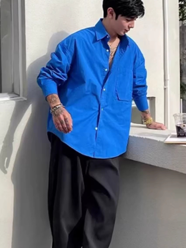 Klein blue αντρικό πουκάμισο από βαμβακο-λίννα με τσέπες, μακρύ μανίκι, γιλέκο-καρντάγκαν προστασίας από τον ήλιο, αμερικανικό ρετρό στυλ, ύφανση από λινό-βαμβάκι