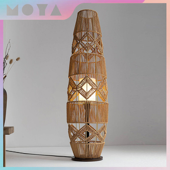 Φωτιστικό δαπέδου σε στυλ Wabi-Sabi, ιαπωνικό ρετρό σχέδιο, χειροποίητο από ρατάν και σχοινί κάνναβης, Zen σχεδίαση για σαλόνι