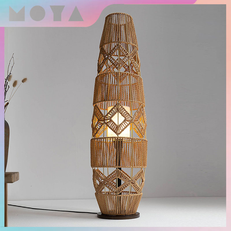 Φωτιστικό δαπέδου σε στυλ Wabi-Sabi, ιαπωνικό ρετρό σχέδιο, χειροποίητο από ρατάν και σχοινί κάνναβης, Zen σχεδίαση για σαλόνι