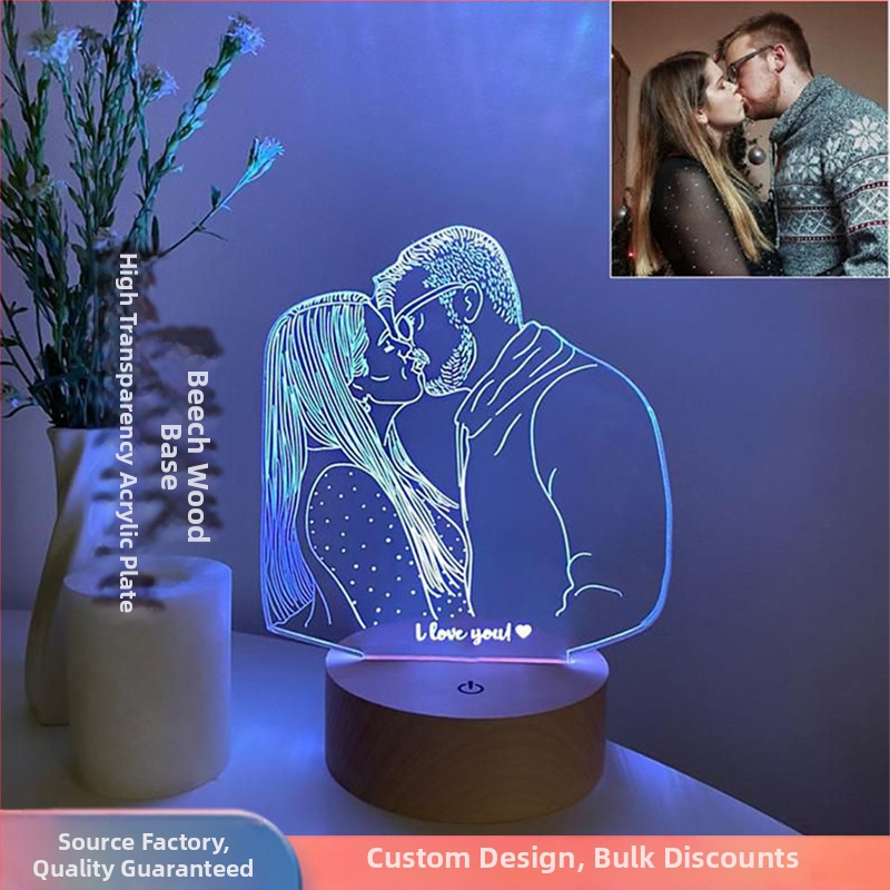 Akrylová nabíjacia stolná lampička, 3D nočné svetlo a tlač loga