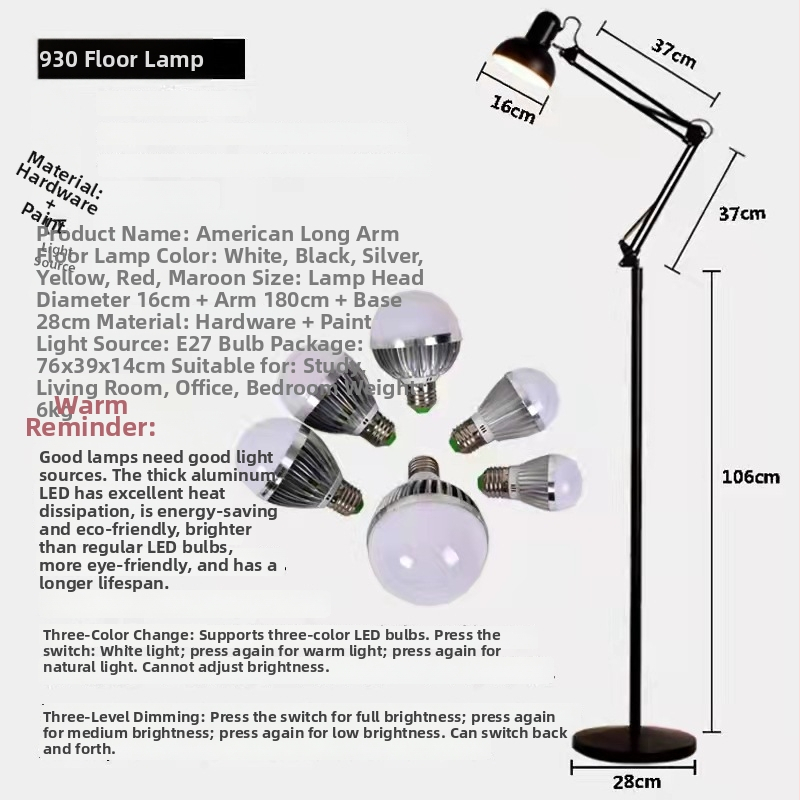 Podlahová lampa s dlhým ramienkom, skladacia, americký štýl, minimalistický dizajn pre obývaciu izbu, spálňu a študovňu — LED lampa s ochranou očí