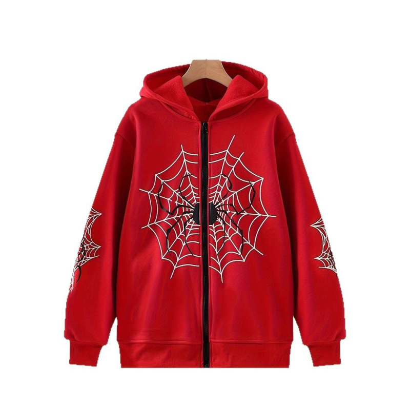 Ανδρικό cardigan με κουκούλα και φερμουάρ, 3D εκτύπωση ιστού αράχνης, ελεύθερη γραμμή, άνοιξη–φθινόπωρο–χειμώνας, ευρωπαϊκός–αμερικάνικος στυλ