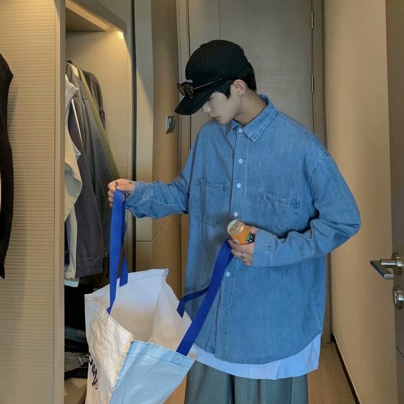 Ανδρικό denim πουκάμισο σε ιαπωνικό ρετρό στυλ, μακριά μανίκια, χαλαρή γραμμή, για άνοιξη και φθινοπωρο