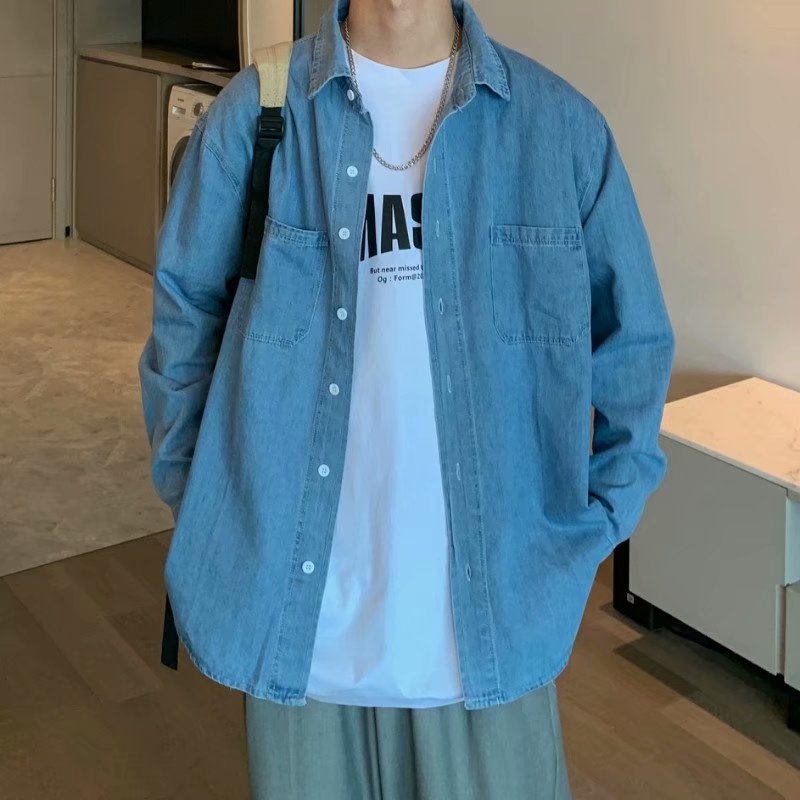 Ανδρικό denim πουκάμισο σε ιαπωνικό ρετρό στυλ, μακριά μανίκια, χαλαρή γραμμή, για άνοιξη και φθινοπωρο