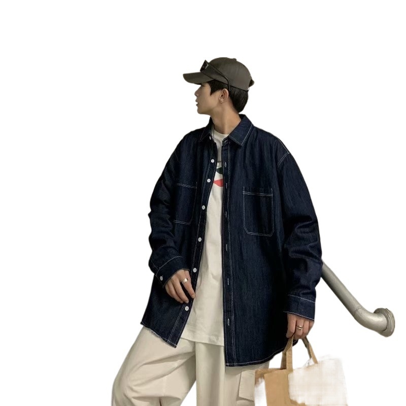 Ανδρικό denim πουκάμισο σε ιαπωνικό ρετρό στυλ, μακριά μανίκια, χαλαρή γραμμή, για άνοιξη και φθινοπωρο