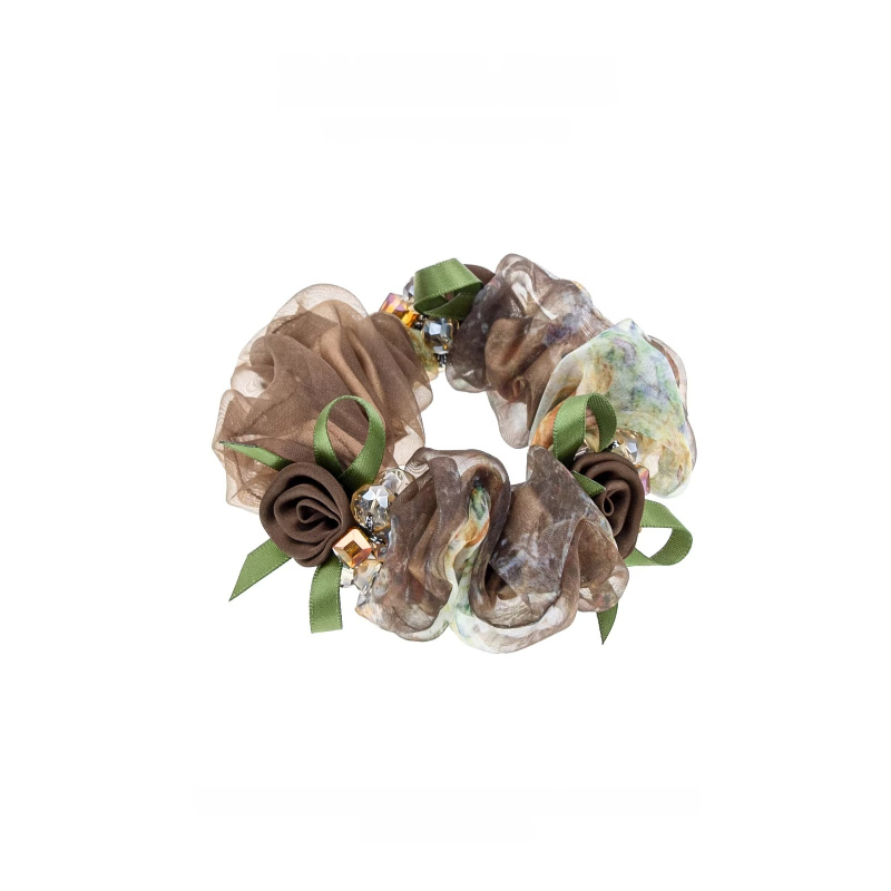 Scrunchie από γάζα σε απόχρωση φουντουκιού για γυναίκες, 2026 νέο στυλ, κομψό λαστιχάκι μαλλιών με ρετρό floral σχέδιο