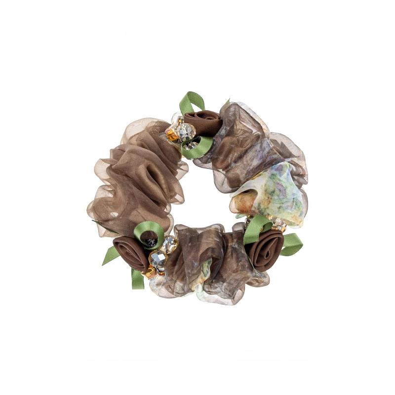 Scrunchie από γάζα σε απόχρωση φουντουκιού για γυναίκες, 2026 νέο στυλ, κομψό λαστιχάκι μαλλιών με ρετρό floral σχέδιο