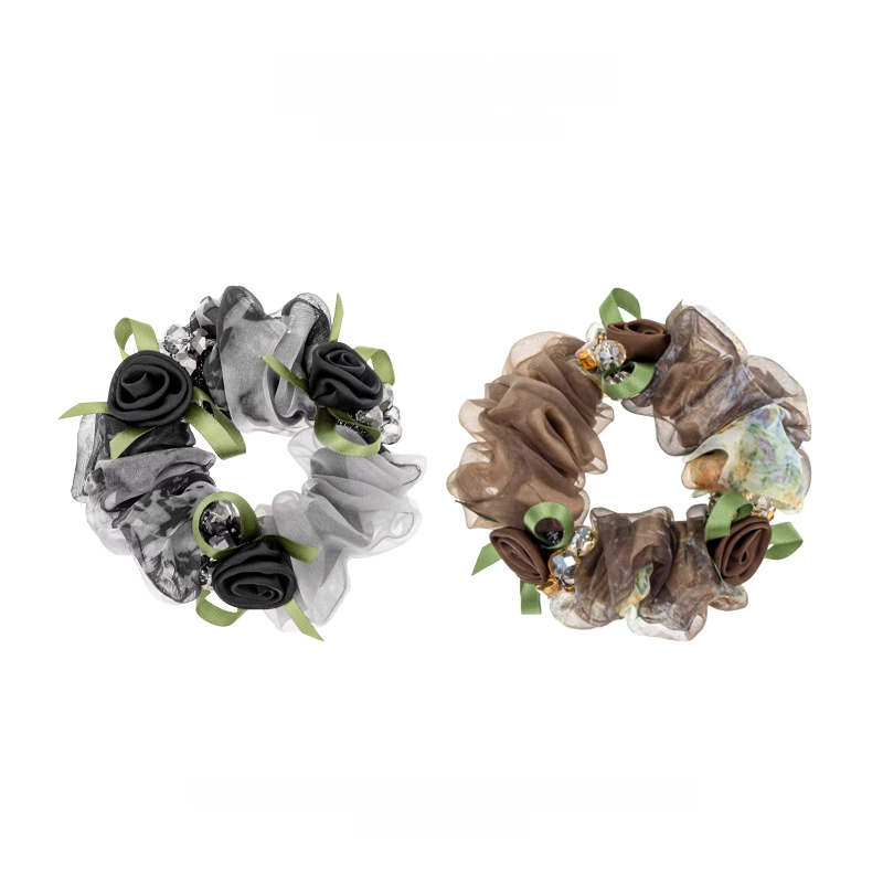 Scrunchie από γάζα σε απόχρωση φουντουκιού για γυναίκες, 2026 νέο στυλ, κομψό λαστιχάκι μαλλιών με ρετρό floral σχέδιο
