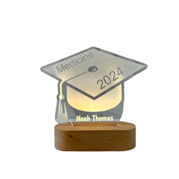 Νυχτερινό φως με 3D καπέλο αποφοίτησης, δημιουργικό προσαρμοσμένο δώρο αποφοίτησης, μοντέρνο ακρυλικό φως με ξύλινη βάση