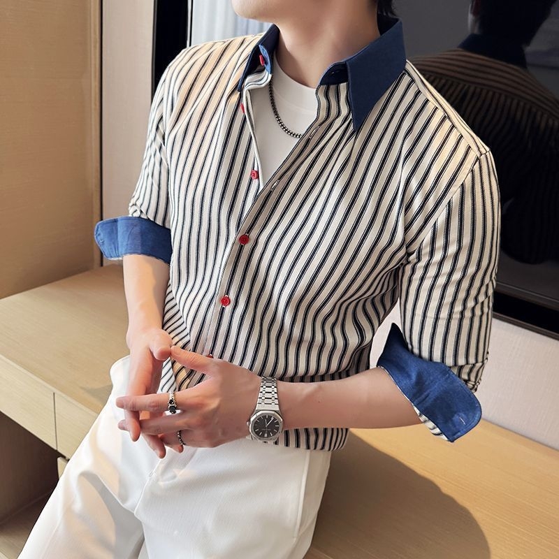 Denim πουκάμισο σε κορεατικό στυλ με ρίγες και patchwork, μακριά μανίκια, πουκάμισο για άνδρες με ψηλό γιακά