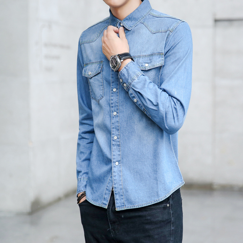 Ανδρικό τζιν πουκάμισο για άνοιξη-φθινόπωρο, κορεάτικο στυλ, στενή γραμμή, μακριά μανίκια, 100% βαμβάκι