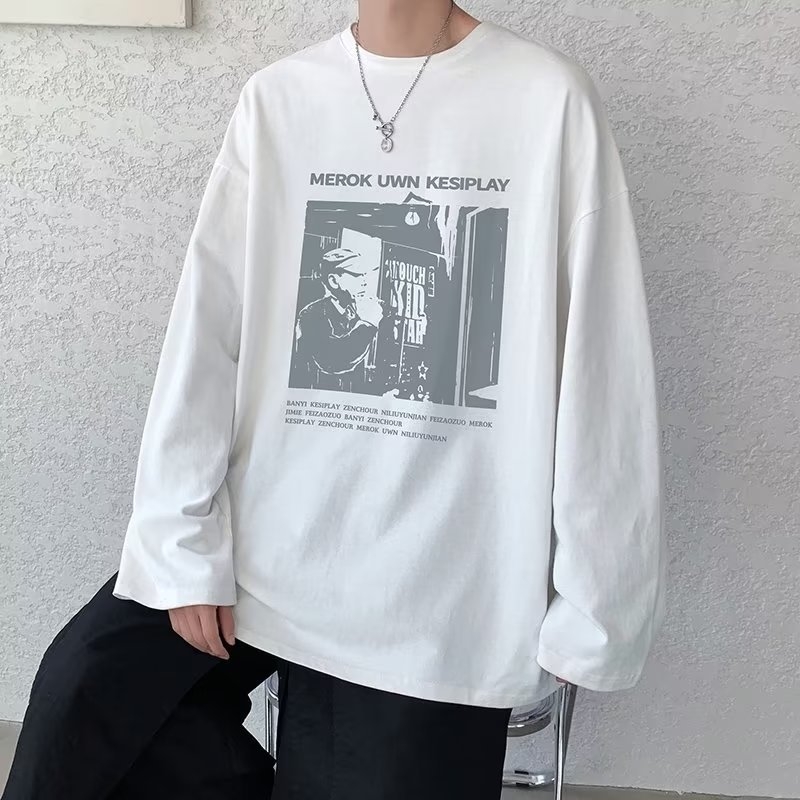 Αντρική μακρυμάνικη μπλούζα T-shirt σε μεγάλο μέγεθος, φθινοπωρινό casual, χαλαρή γραμμή, μπλούζα με στρογγυλό λαιμό