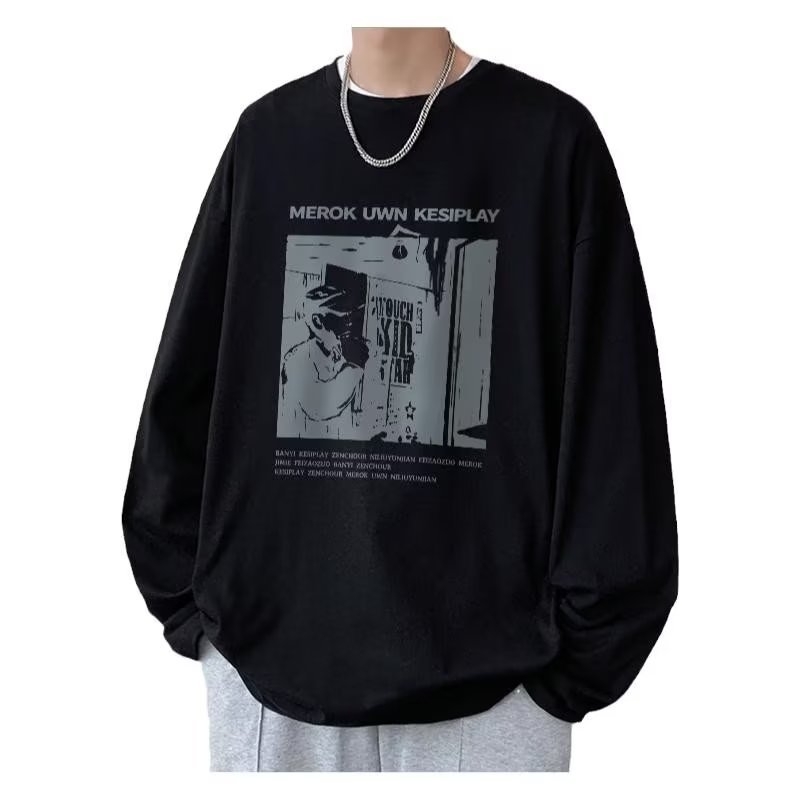 Αντρική μακρυμάνικη μπλούζα T-shirt σε μεγάλο μέγεθος, φθινοπωρινό casual, χαλαρή γραμμή, μπλούζα με στρογγυλό λαιμό