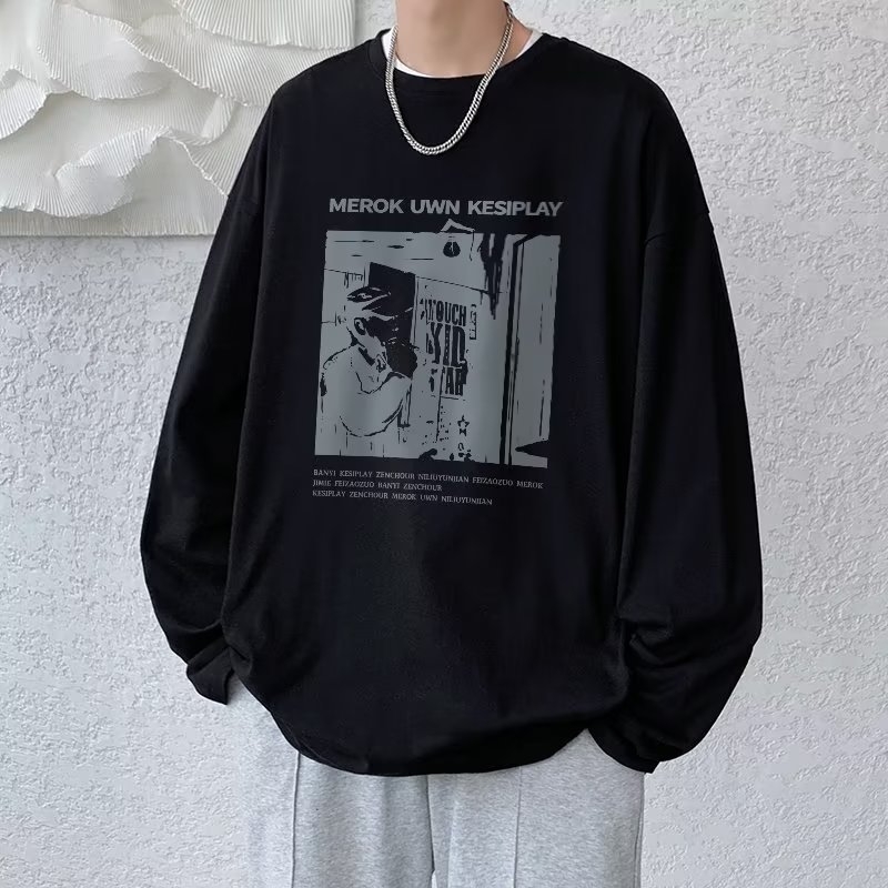 Αντρική μακρυμάνικη μπλούζα T-shirt σε μεγάλο μέγεθος, φθινοπωρινό casual, χαλαρή γραμμή, μπλούζα με στρογγυλό λαιμό