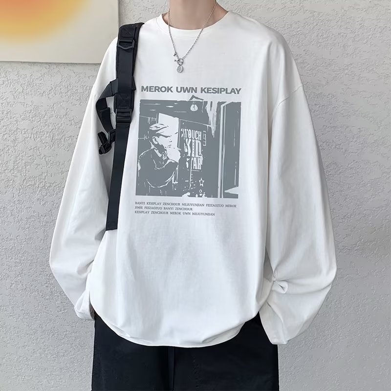 Αντρική μακρυμάνικη μπλούζα T-shirt σε μεγάλο μέγεθος, φθινοπωρινό casual, χαλαρή γραμμή, μπλούζα με στρογγυλό λαιμό