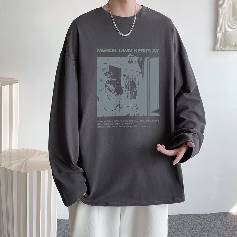 Αντρική μακρυμάνικη μπλούζα T-shirt σε μεγάλο μέγεθος, φθινοπωρινό casual, χαλαρή γραμμή, μπλούζα με στρογγυλό λαιμό