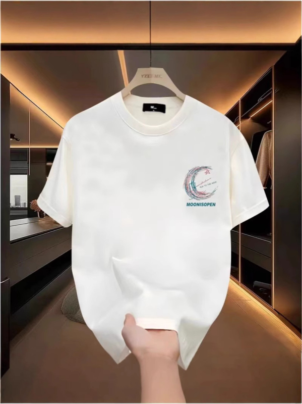 Ανδρικό T‑shirt από βαμβάκι με τύπωμα γραμμάτων, κοντό μανίκι, καλοκαιρινή άνετη γραμμή, σε plus size, casual.
