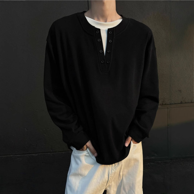Ανδρική μπλούζα μακρυμάνικη με Henley λαιμό από Derong βελούδο, διπλής όψης, για χειμώνα