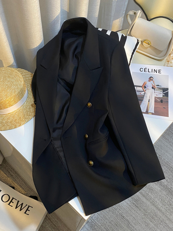 Γυναικείο μαύρο blazer με υφή υψηλής ποιότητας, κομψό σακάκι για άνοιξη-φθινοπωρινό, στυλ Χονγκ Κονγκ.