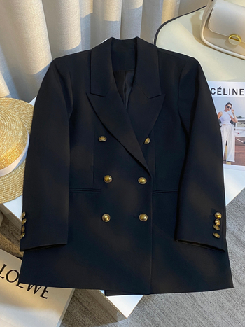 Γυναικείο μαύρο blazer με υφή υψηλής ποιότητας, κομψό σακάκι για άνοιξη-φθινοπωρινό, στυλ Χονγκ Κονγκ.