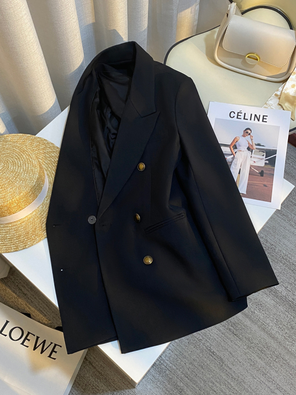 Γυναικείο μαύρο blazer με υφή υψηλής ποιότητας, κομψό σακάκι για άνοιξη-φθινοπωρινό, στυλ Χονγκ Κονγκ.