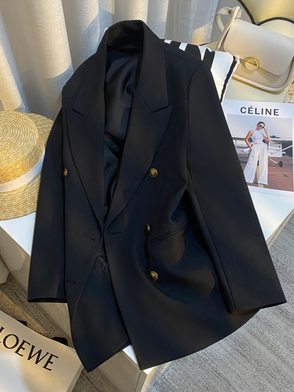 Γυναικείο μαύρο blazer με υφή υψηλής ποιότητας, κομψό σακάκι για άνοιξη-φθινοπωρινό, στυλ Χονγκ Κονγκ.