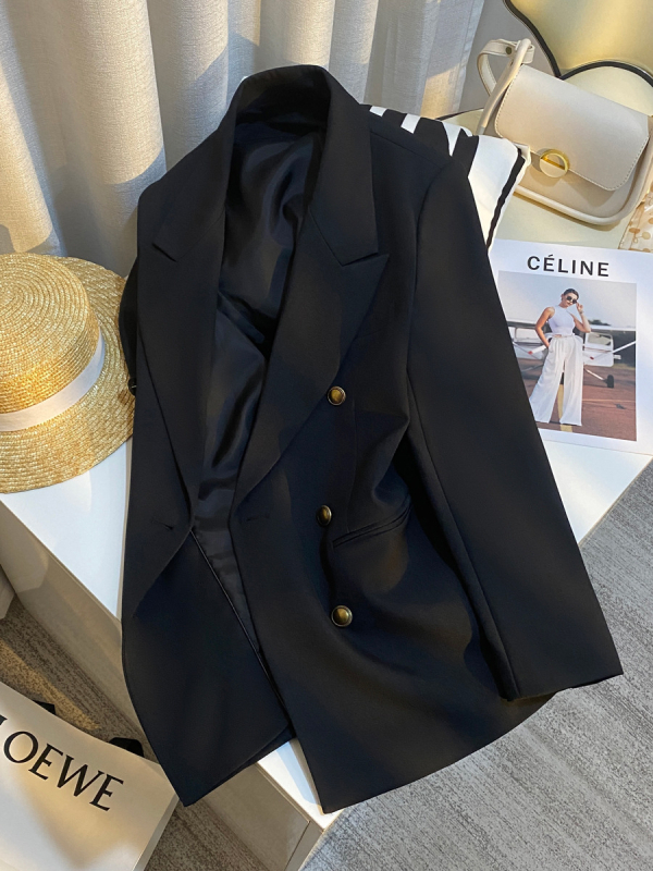 Γυναικείο μαύρο blazer με υφή υψηλής ποιότητας, κομψό σακάκι για άνοιξη-φθινοπωρινό, στυλ Χονγκ Κονγκ.
