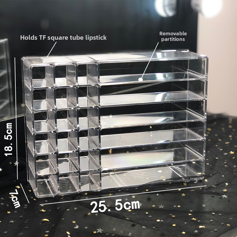 Veľký stolný organizér kozmetiky s mrežkovými priehradkami – priehľadné plastové prevedenie, na rúže, laky na nechty, púdre a cushion foundation.