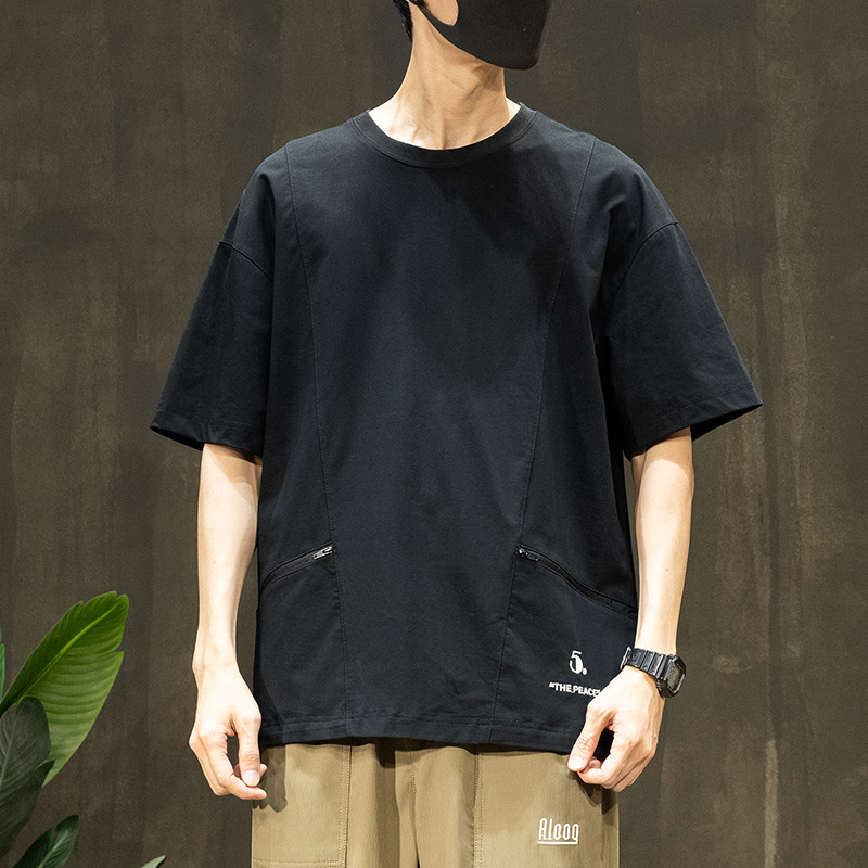 Ανδρικό T‑shirt κοντό μανίκι με διπλά πλαϊνά φερμουάρ, γρήγορο στέγνωμα, φαρδιά γραμμή, καλοκαιρινό ύφασμα Ice Silk με τσέπη