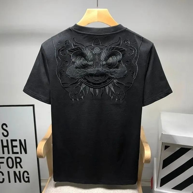 Ανδρικό ελαφρύ μπλουζάκι με κέντημα, στρογγυλή λαιμόκοψη, κοντά μανίκια, δροσερό καλοκαίρι, γεωμετρικό μοτίο