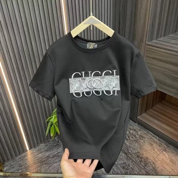 Αντρικό βαμβακερό T-shirt με κοντά μανίκια και εκτύπωση με γράμματα, στρογγυλός λαιμός, καλοκαιρινό χαλαρό στιλ
