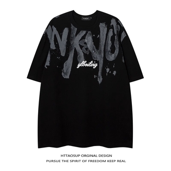 Αμερικανικού στυλ αντρικό κοντομάνικο T-shirt από βαρύ βαμβάκι, καλοκαίρι, έμπνευση χιπ-χοπ, με μεγάλα γράμματα