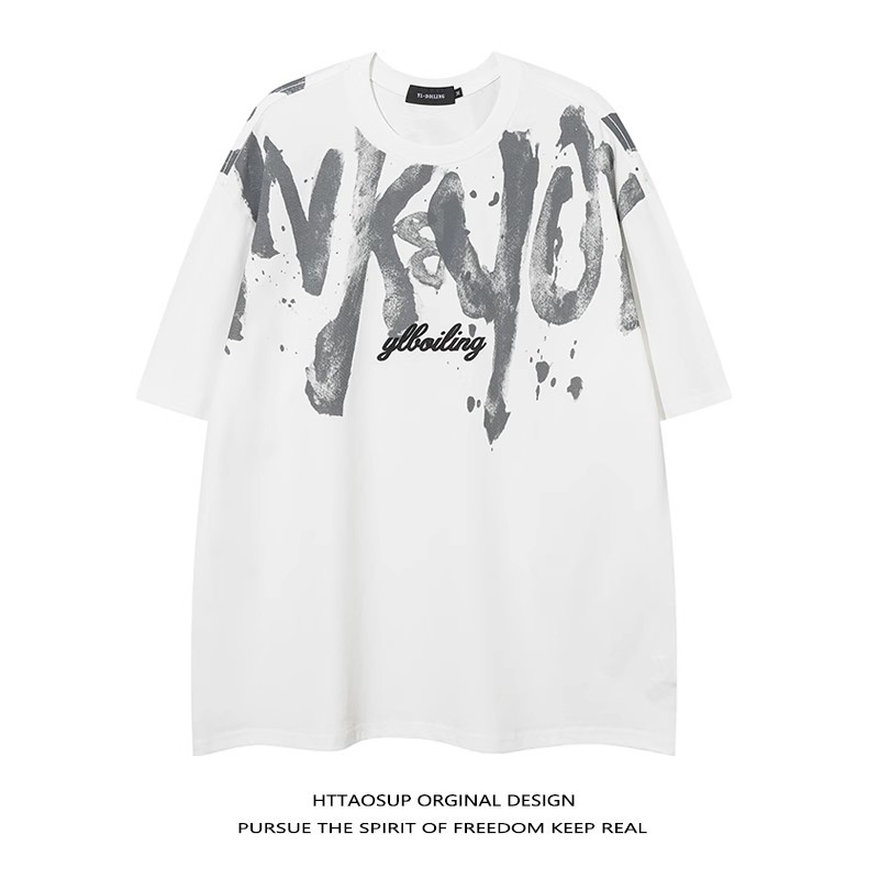Αμερικανικού στυλ αντρικό κοντομάνικο T-shirt από βαρύ βαμβάκι, καλοκαίρι, έμπνευση χιπ-χοπ, με μεγάλα γράμματα