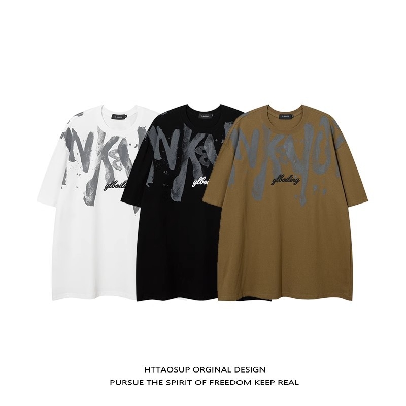 Αμερικανικού στυλ αντρικό κοντομάνικο T-shirt από βαρύ βαμβάκι, καλοκαίρι, έμπνευση χιπ-χοπ, με μεγάλα γράμματα