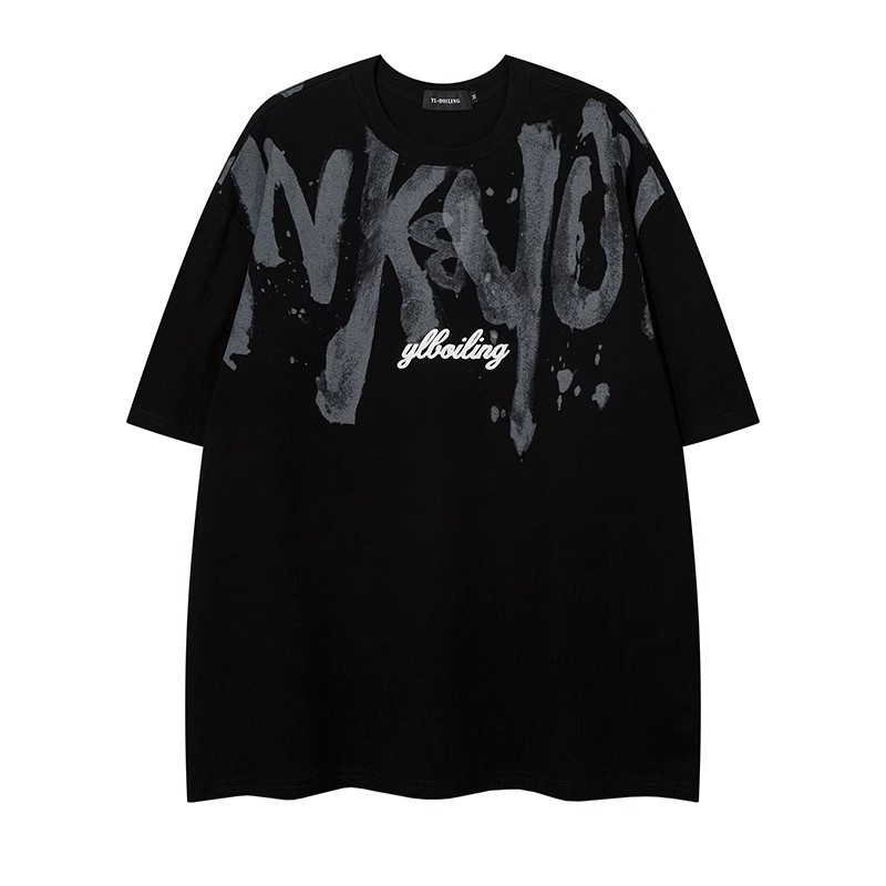 Αμερικανικού στυλ αντρικό κοντομάνικο T-shirt από βαρύ βαμβάκι, καλοκαίρι, έμπνευση χιπ-χοπ, με μεγάλα γράμματα