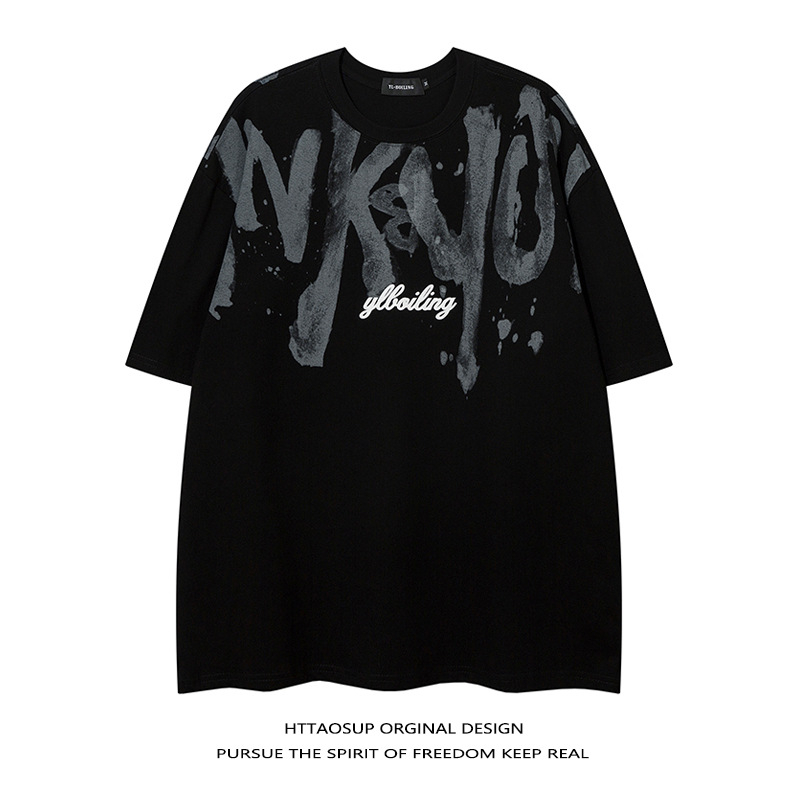 Αμερικανικού στυλ αντρικό κοντομάνικο T-shirt από βαρύ βαμβάκι, καλοκαίρι, έμπνευση χιπ-χοπ, με μεγάλα γράμματα