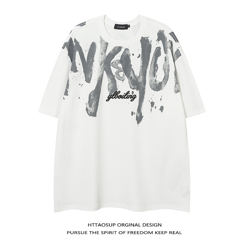 Αμερικανικού στυλ αντρικό κοντομάνικο T-shirt από βαρύ βαμβάκι, καλοκαίρι, έμπνευση χιπ-χοπ, με μεγάλα γράμματα