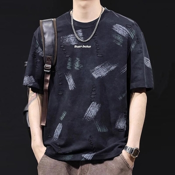 Ανδρική κοντομάνικη T‑shirt με βαρύ τζακάρντ και σχισμές, μόδας μάρκας, καλοκαίρι 2026, μεγάλου μεγέθους, κορυφαίας ποιότητας